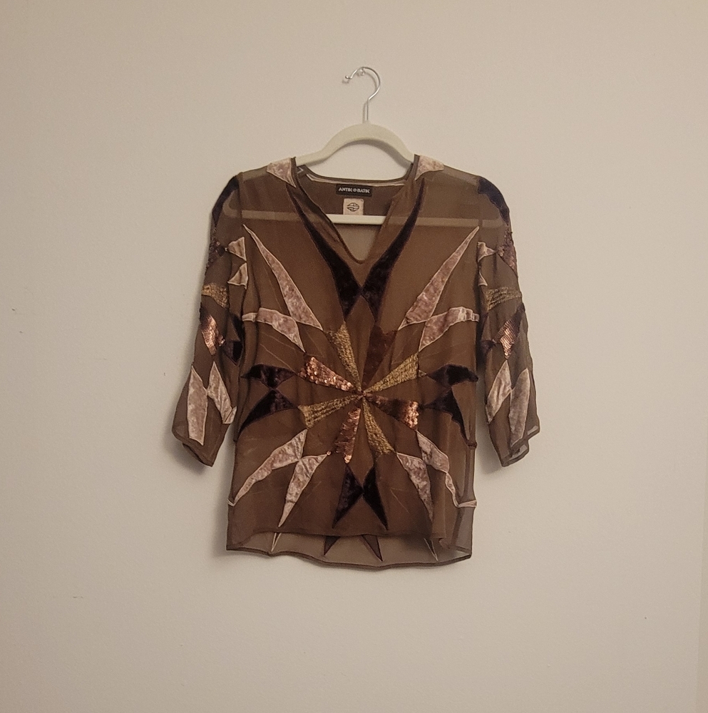 bohemian chic, sheer patchwork velvet and sequined brown top